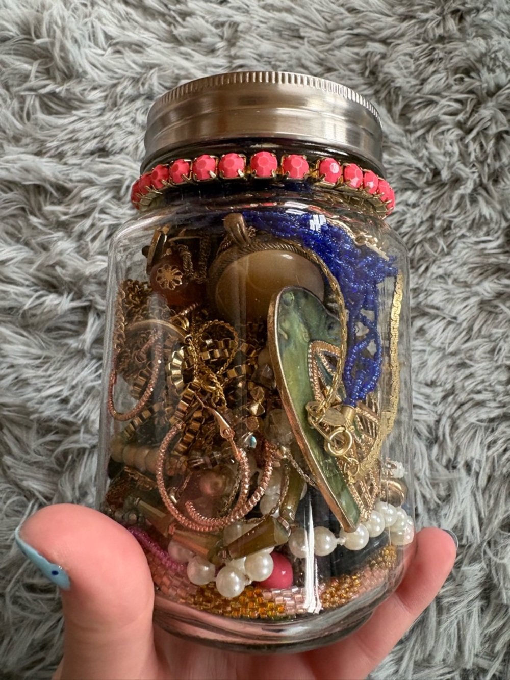 Glass Jar Filled with Mixed Jewelry and Beads - Pink Accent Lid